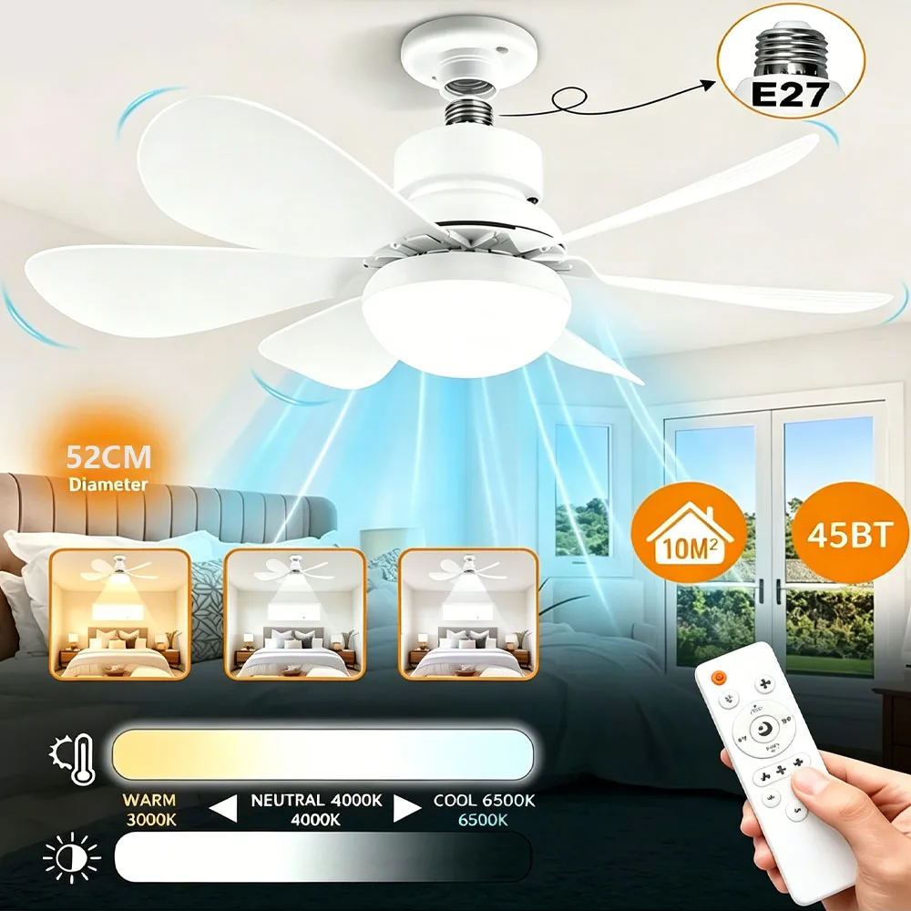 

E27 Base LED Ceiling Fan Light with Remote Control 85V-265V Voltage 3 Color Lights Dimmable Lamp for Living Room Home Decor