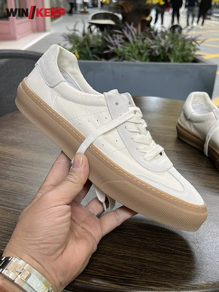 Outdoor Mens New Breathable Running Shoes Spliced Cowhide Genuine Leather Sneakers Jogging Lace Up Antiskid Gym Fitness Training