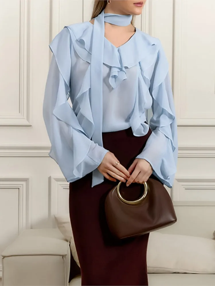 

Fashion Chiffon Shirt Women Sexy See Through V Neck Scarf Long Sleeve Ruffled Edges Blouse 2025 New Summer Casual Loose Shirts