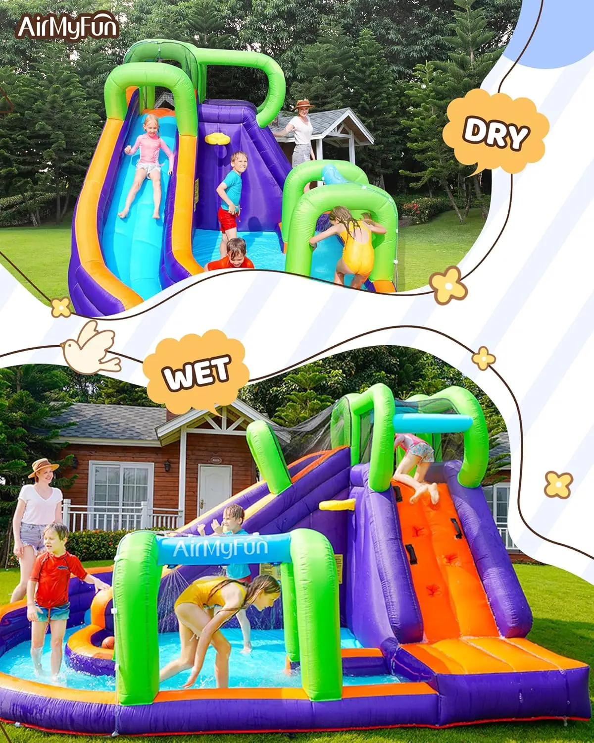 Maison de rebond gonflable à toboggan aquatique pour enfants avec souffleur. Château gonflable d'arrière-cour familial avec tunnel de porte amusant, mur d'escalade, Lo