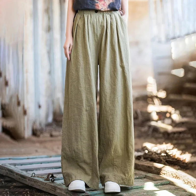 Retro Loose women Wide leg pant new summer Elastic high waist Solid ladies Straight Pants korean Casual all match long Pants