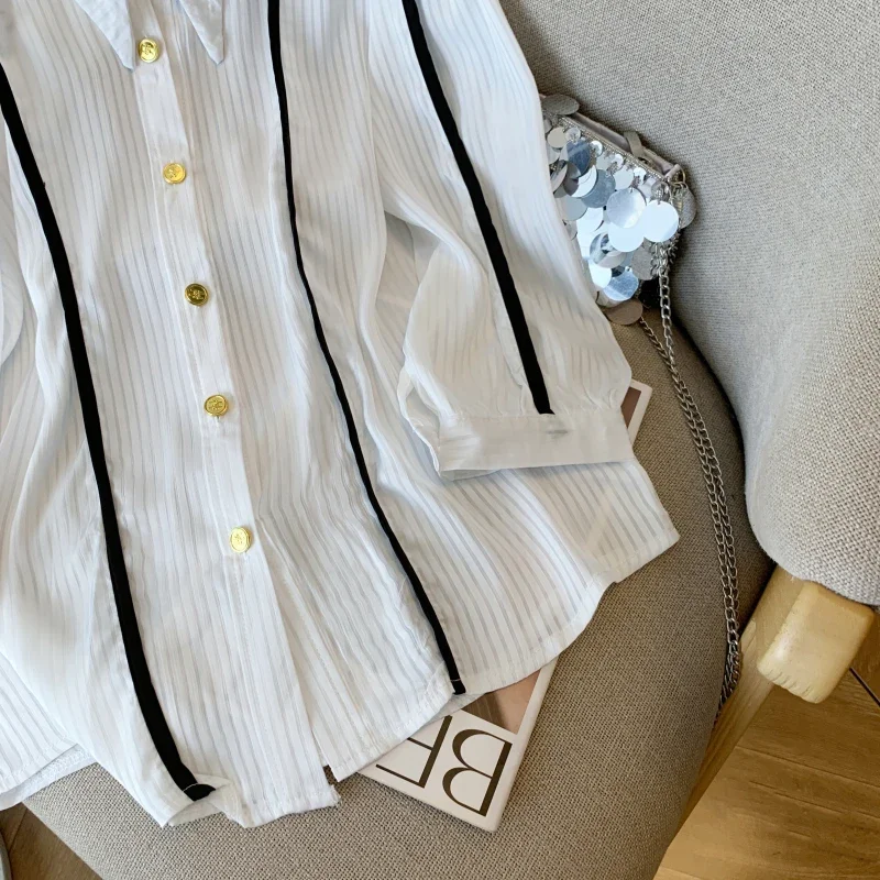 بلوزة شيفون عتيقة للنساء ، أكمام طويلة ، بلوزة فضفاضة ، ملابس مرقعة ، قمصان أحادية اللون ، طراز كوري ، جديد ، صيف #6