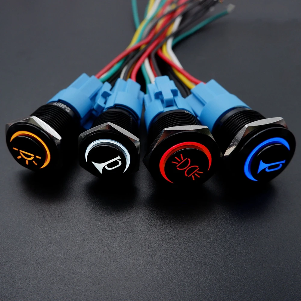 16mm19mm22mm Custom Metal Push Button Switch For Car Motorcycle Waterproof LED Light High Head With Socket Black/Silver 5V 12V