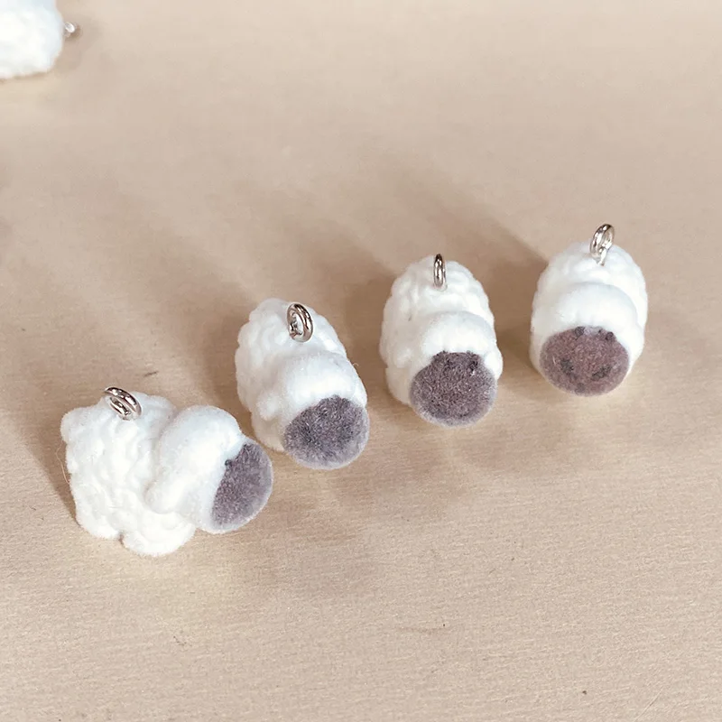 30pcs Flocked Sheep Resin Charms Bulk Wholesale Miniature Fluffy Doll Pendants For Earring Small Keychain Necklace Jewelry Charm