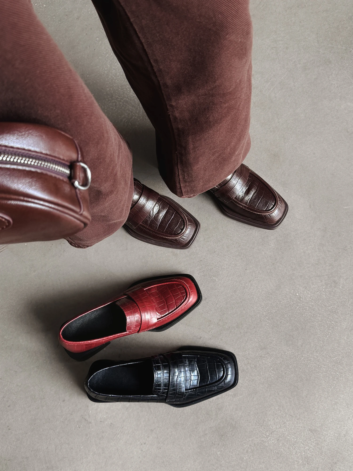 

Genuine Leather Croc Embossed Loafers Women Square Toe Deep Cut Office Commuter Shoes