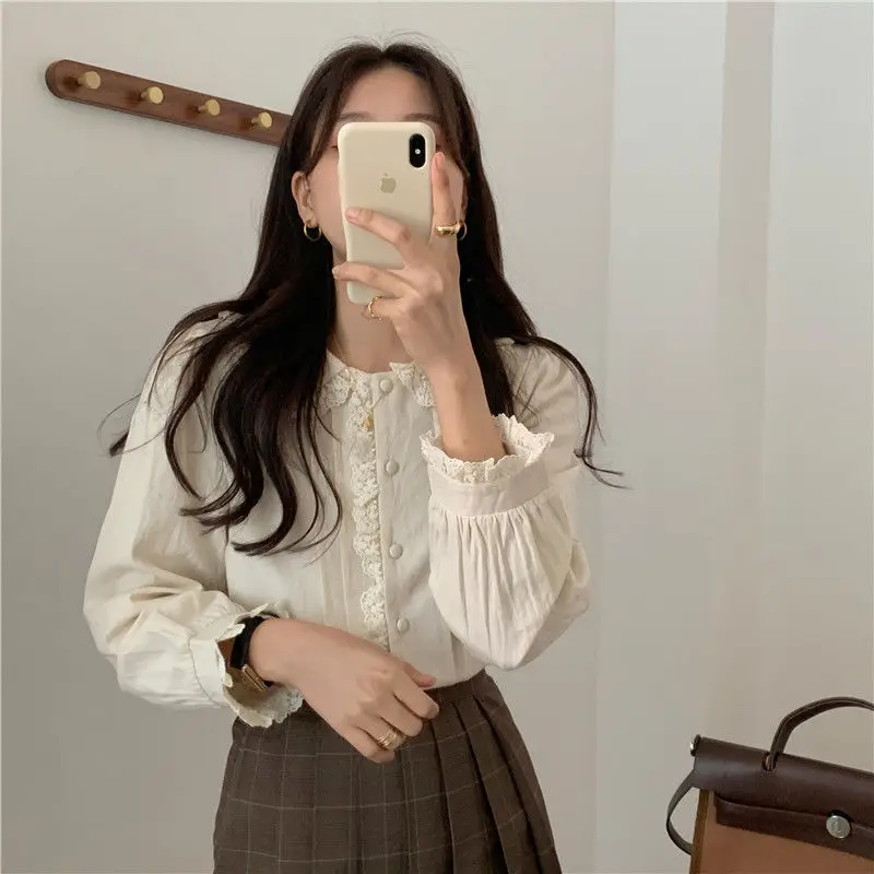 Shirts Women Peter Pan Collar Long Sleeve Kawaii Vintage Basic Clothes Casual Chic Elegant Streetwear New Arrival Fashion Autumn