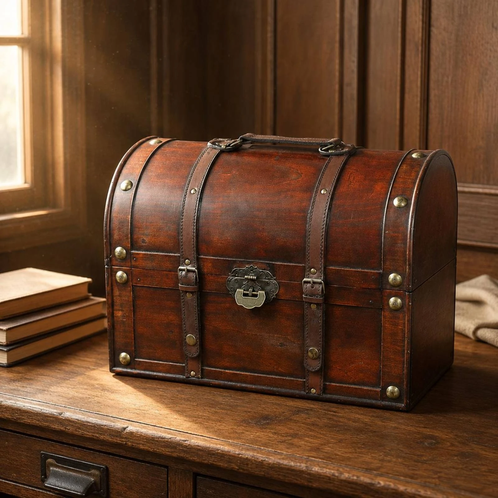 Faux Rosewood Storage Chest Curved Top Vintage Trunk Chest Wooden Trunk Wood-Grain Texture Home Organizer Metal Corner Studs