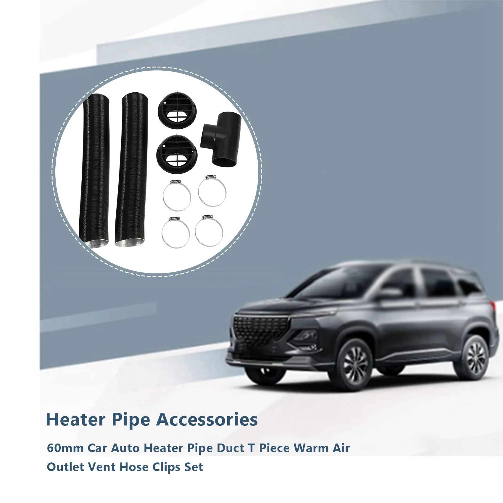 Carro Heater Pipe Duct Set for Parking Heater, T Piece, Warm Air Outlet, Vent Mangueira Clips, 60mm