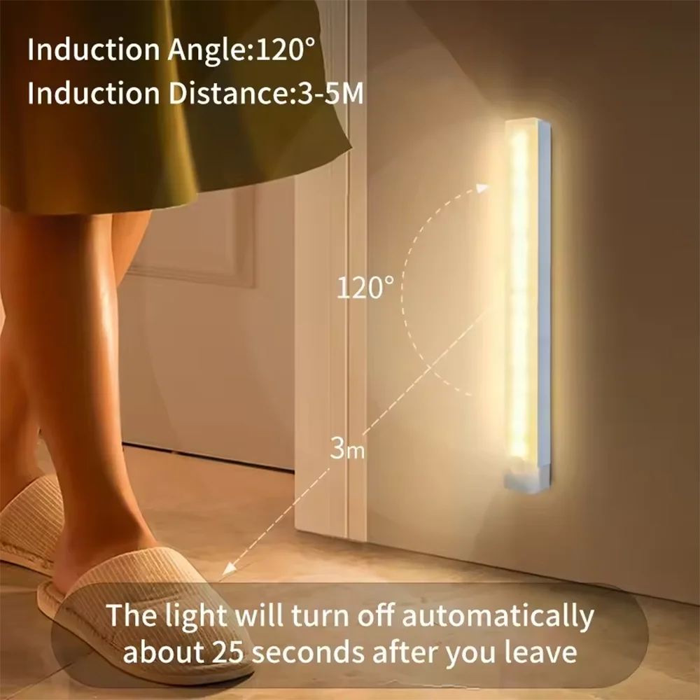 Rechargeable Motion Sensor LED Bar Light Human Infared Induction Night Light Portable Kitchen Cabinet Light 10/20/30/50cm