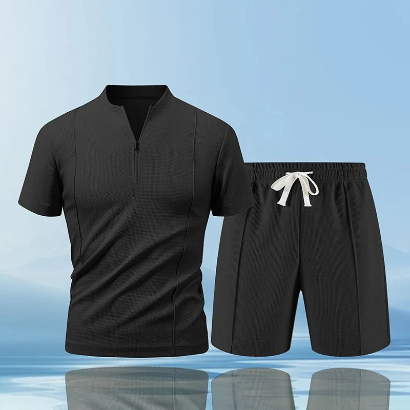 

2025 Summer New Waffle Summer Suit Shorts Suit T-shirt Suit Men's Summer Casual Suit Loose Two Piece Set