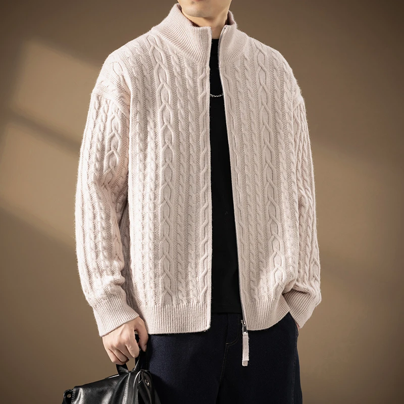 Autumn Winter Men's Stand Collar Sweatercoat Loose Knitted Cardigans Solid Color Warm Casual Knit Sweater Jacket Casual Cardigan