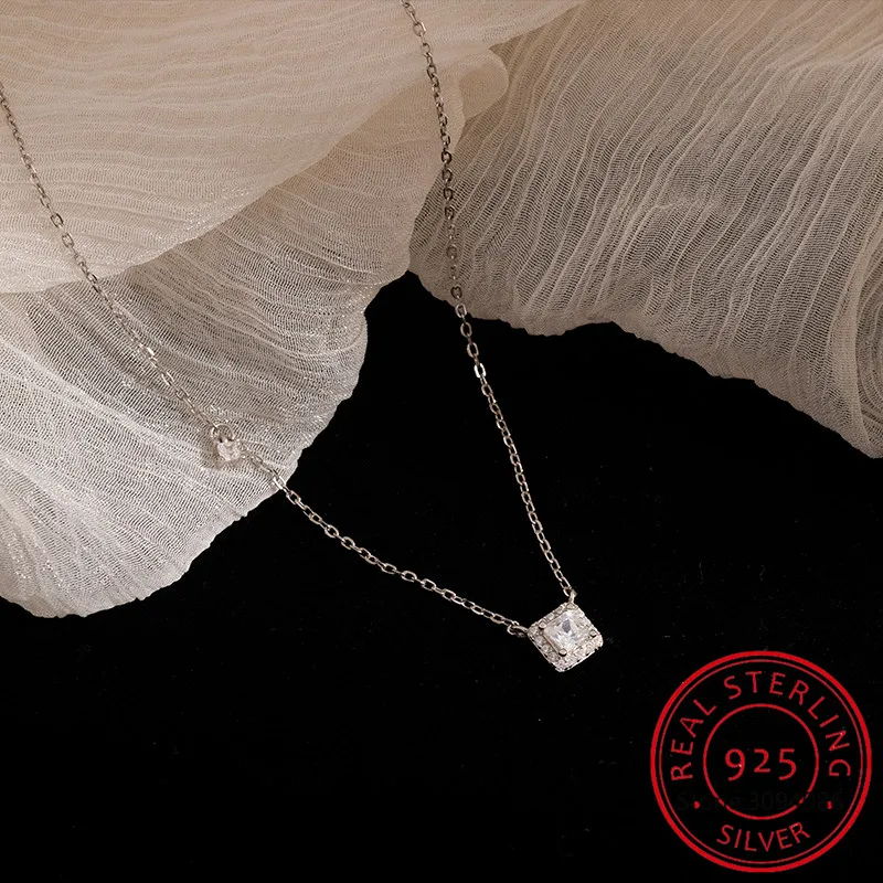 Full Moissanite Square Pendant Necklace Center 1CT Round Cut Diamond Emerald Cut Halo Design Necklace 14K Plated Silver Jewelry view 4