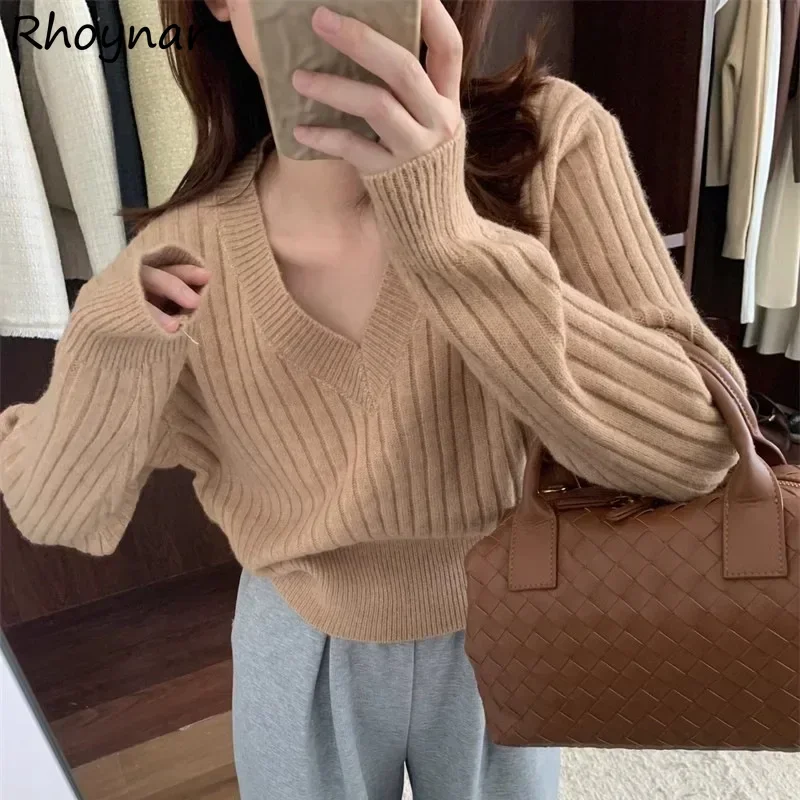 V-neck Pullovers Women Long Sleeve Sweater Keep Warm Solid Simple Temper Korean Style Basic Autumn Gentle Cleanfit Tops Daily