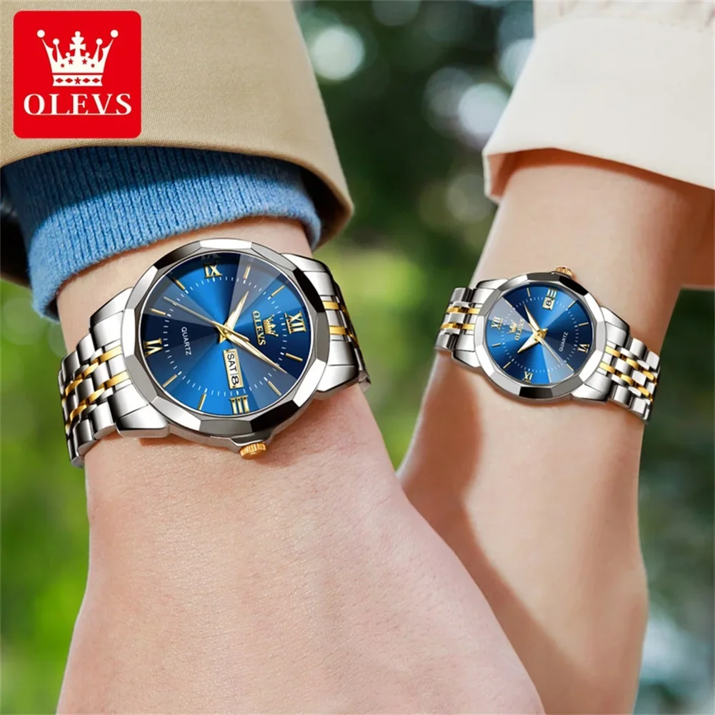 OLEVS-Reloj de pareja para hombre y mujer, accesorio de marca de lujo, resistente al agua, con espejo de rombos, para amantes, romántico, Semana de citas, 9989