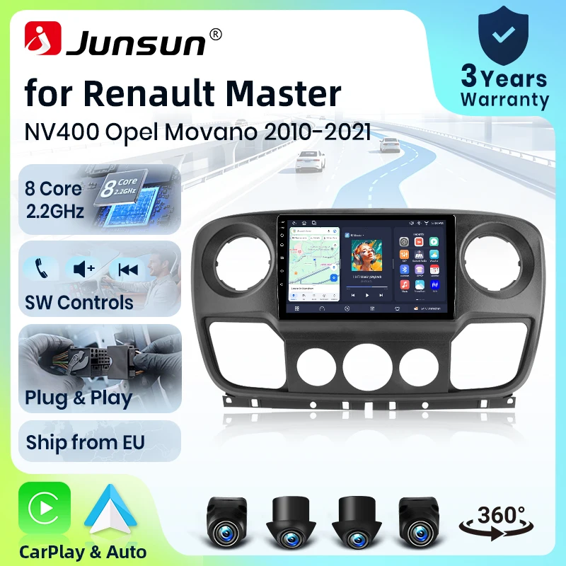 Autoradio Junsun 8 cœurs 4G WiFi pour Renault Master Nissan NV400 Opel Movano 2010-2021, écran IPS, CarPlay, Android Auto, GPS, Navi, stéréo, SWC, BT, FM, AM, RDS, DSP, 2Din, Mirror Link, lecteur multimédia, commande vocale AI, caméra 360, mise à jour OTA en option, unité principale