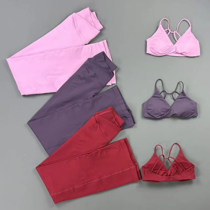 2Pcs Sports Sets Women Seamless Cross Vision Flares Leggings Fitness Twist Front Sports Bra Suit Gym Butt Lift Wrokout Set