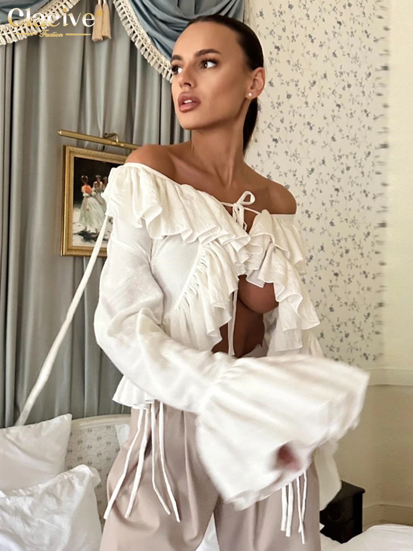 بلوزة نسائية بيضاء فضفاضة على الموضة من Clacive 2025 قميص مثير بياقة على شكل v وأكمام طويلة أنيق كلاسيكي مكشكش ملابس علوية متينة ملابس نسائية