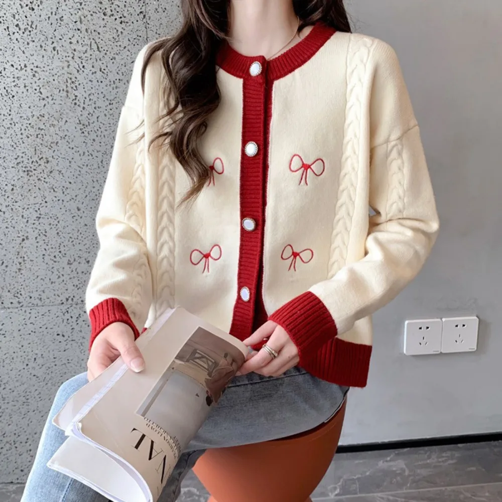 

Autumn and Winter New Sweater Women's Round Neck Long Sleeve Bow Knot Contrast Soft Sweet Knitted Cardigan Coat Top Sweaters