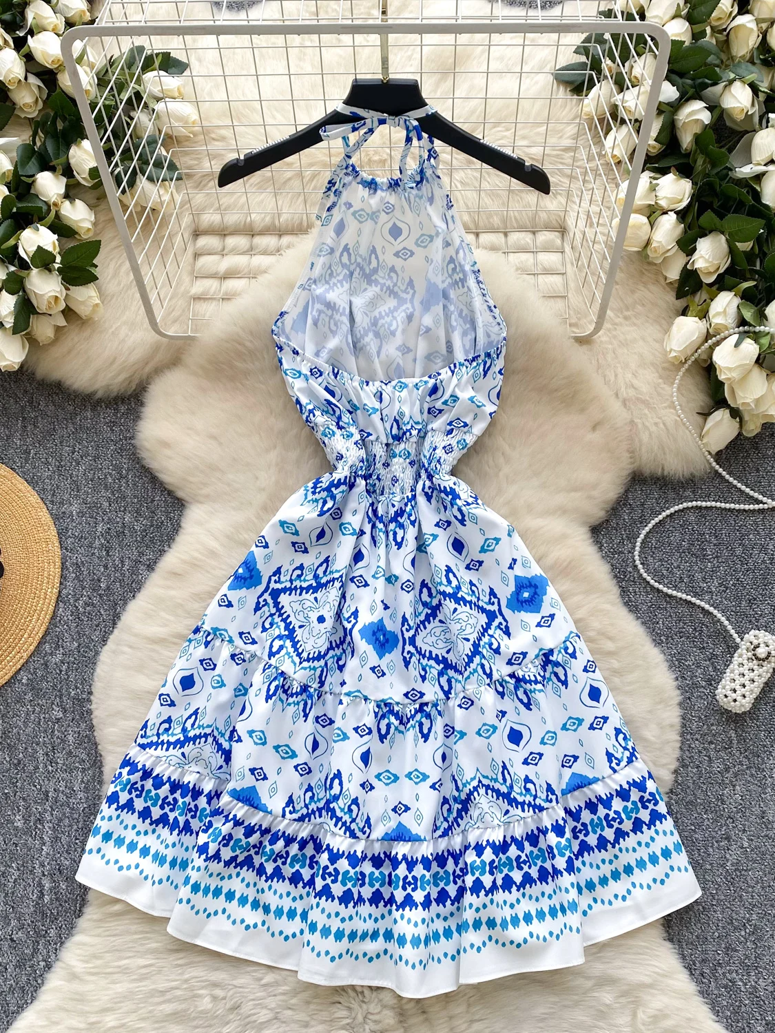 Abito da donna con stampa con scollo all'americana in stile corte di lusso leggero Abito lungo sottile chic estivo da donna Boho Beach Party Club