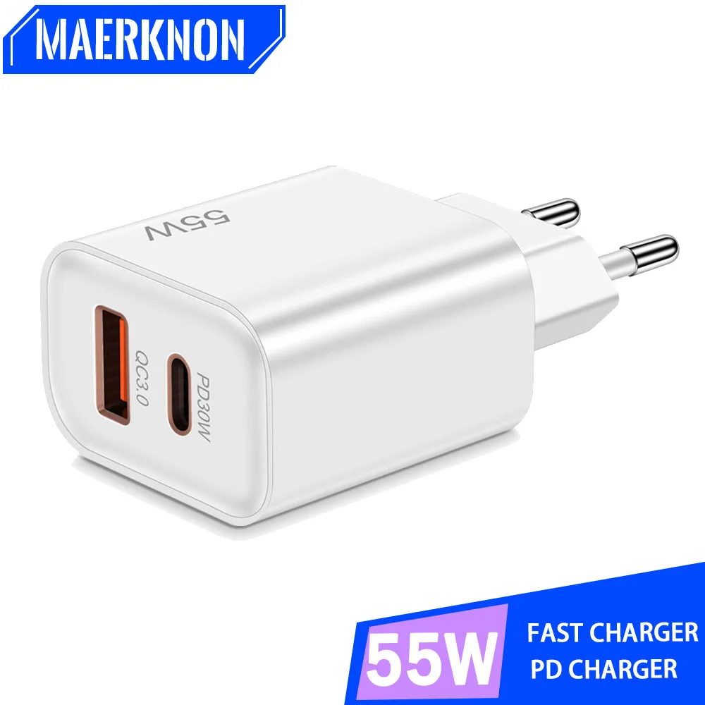 55W USB Type C PD Fast Charging Quick Charger 3.0 Mobile Phone Adapter For iPhone Xiaomi Samsung Huawei Wall Charger EU/US Plug