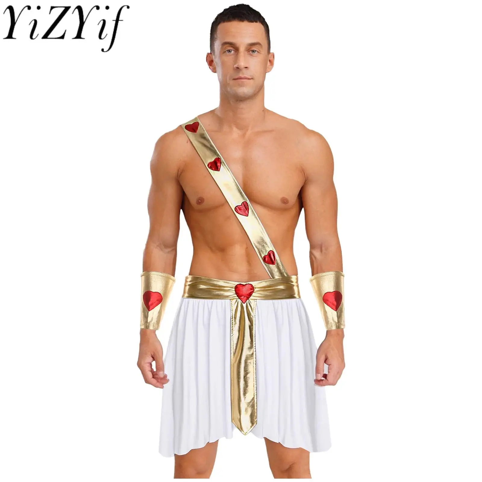 

Men Halloween Ancient Greek Prince Role Play Costume Heart Pattern L Skirt with Metallic Sash And Cuffs for Theme Party Carnival