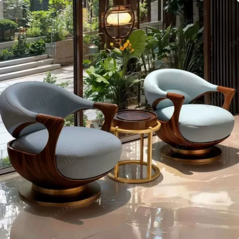 New Chinese Style Solid Wood Single Sofa Chair, Leather Upholstered, Adjustable Swivel, Minimalist High‑end Leisure Chair