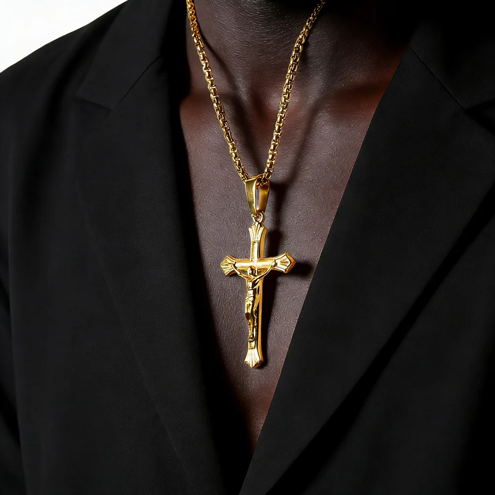NY Stainless Steel Jesus Christ Cross Pendant Necklace 18K Gold Plated Personalized Religious Gift for Men and Women