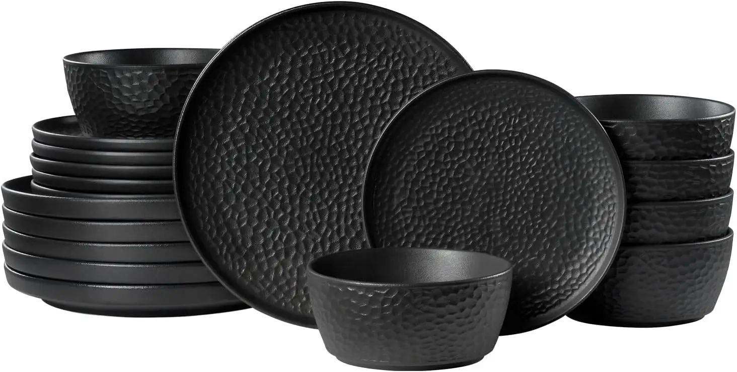 18-Piece Hammered Ceramic Dinnerware Sets, Matte Black