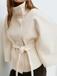 Autumn Winter Batwing Sleeve Outerwear, Women Solid Patchwork Casual Jackets, Stand Collar Sashes Simple Ladies Coats Streetwear