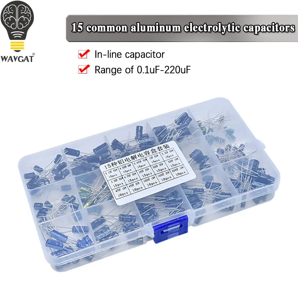 200pcs/lot Radial capacitors set 15Values 10V 16V 25V 50V 0.1uF-220uF Electrolytic Capacitor Assortment Kit 0.22uf 2.2uf 100uf