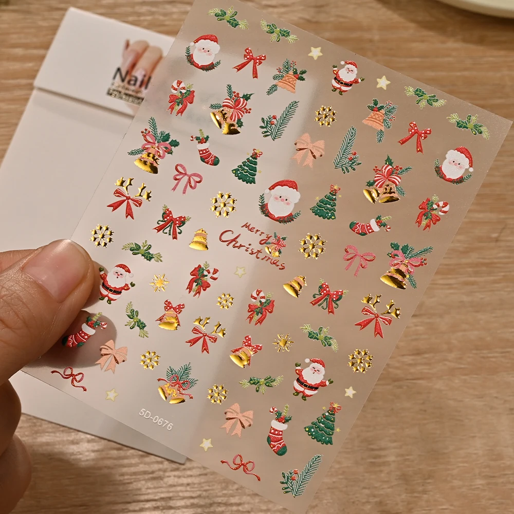 5D reliëf gouden kasteel/slinger/kerstboom nagelstickers witte sneeuwvlokken boog ster nagelstickers zelfklevende kerst nageldecoratie