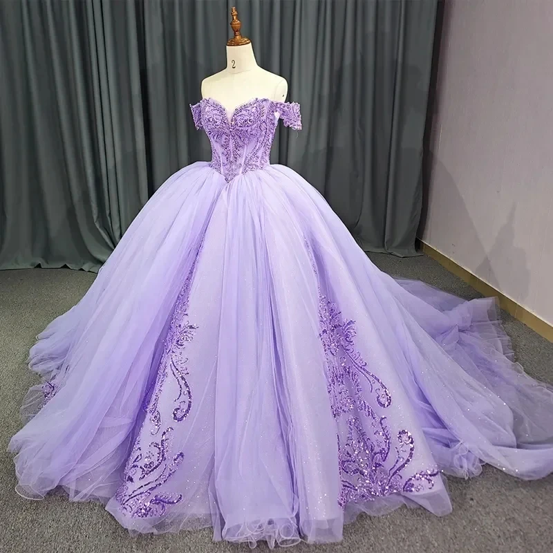 

Light Lavender Ball Gowns Birthday Party Gown Lace-Up Quinceanera Dresses Sequin Applique Lace Beading Tull Vestidos De 15 Anos