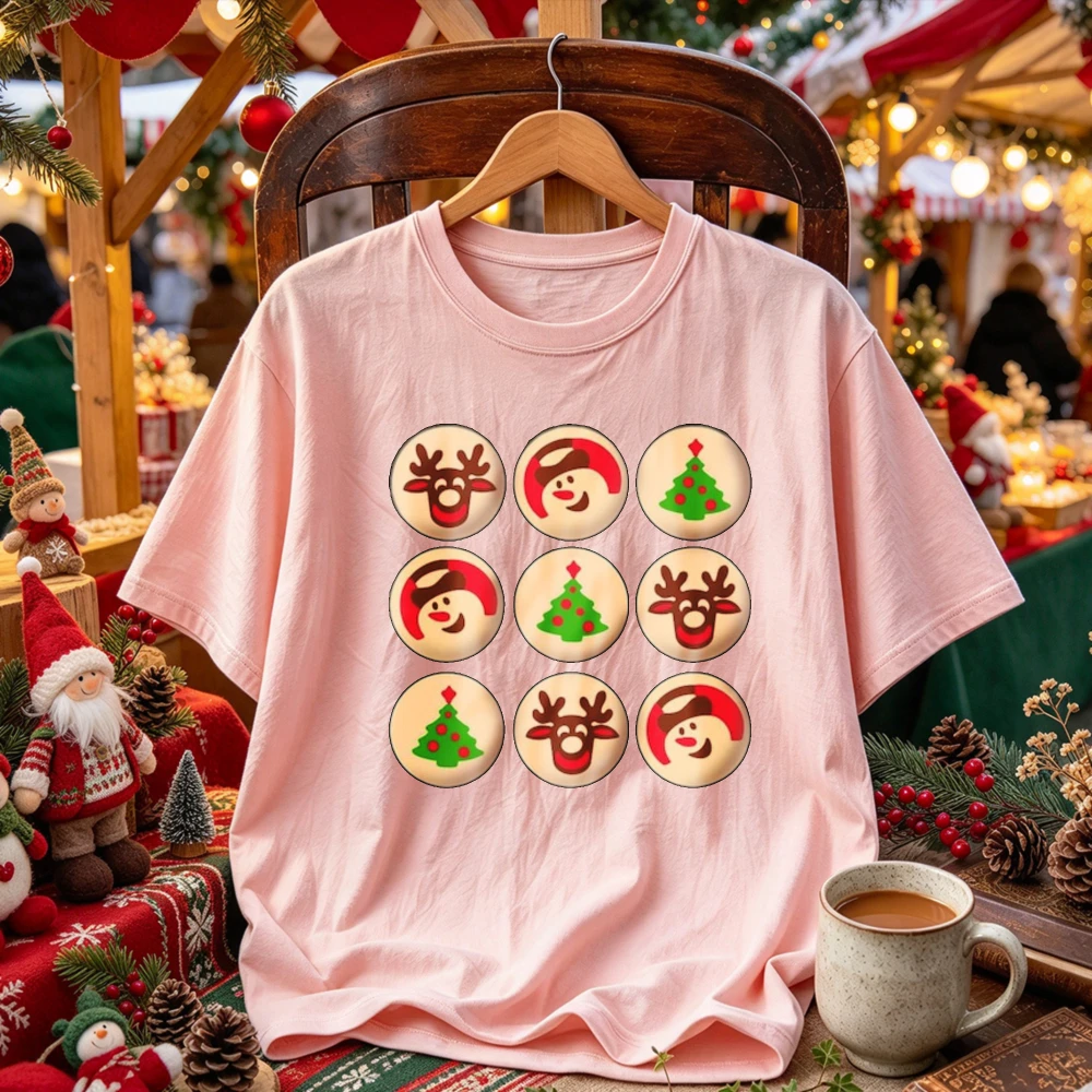 Cookie Graphic T Shirt Santa Reindeer Xmas Tree Print Tee Retro Holiday Short Sleeve Cotton Tops Funny Xmas Party Gift for Her
