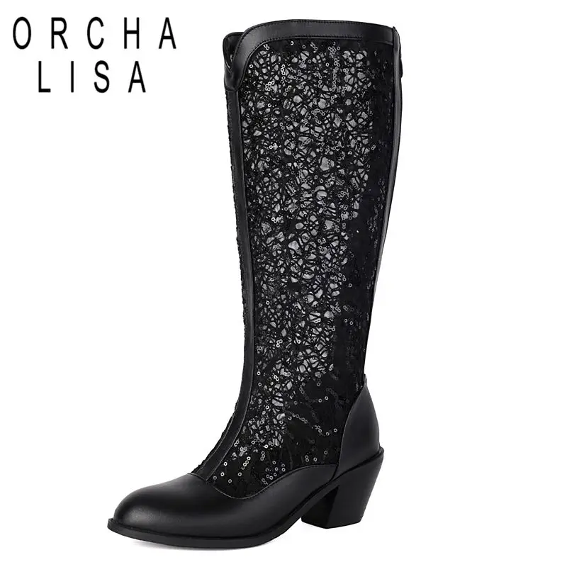 

ORCHA LISA 2025 Модные женские летние ботинки с круглым носком на блочном каблуке 6 см на молнии с дышащей сеткой, большой размер 46 47 Dating Knee High Bota