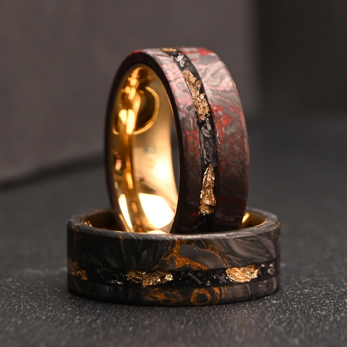 8MM Men's Tungsten Wedding Meteorite Bands Fashion Carbon Fiber Ring Inlaid Gold Foil Engagement Promise Anniversary Daily Rings