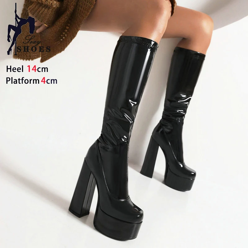 Winter Square Toe High Boots Women Platform Chunky Heels Elastic Patent Leather Knee-High Long Boots Goth Red Shoes Plus Size 43