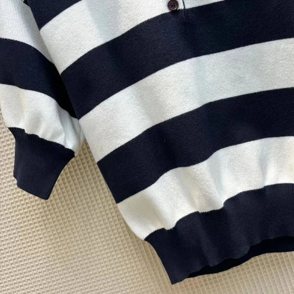 2024 New Fashion Summer Black White Stripes Pattern Knitted T-shirt Women Lapel Short Sleeve Casual Tops