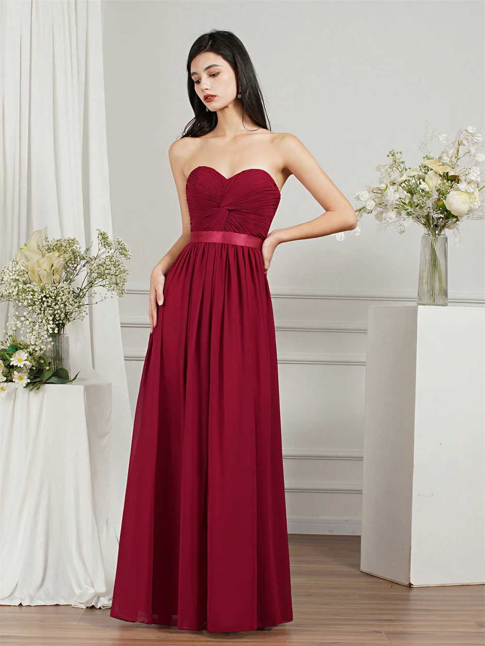 Strapless Chiffon Bridesmaid Dress For Wedding Party Summer Beach Ruched Backless A Line Women Burgundy Maid Of Honor Dresses