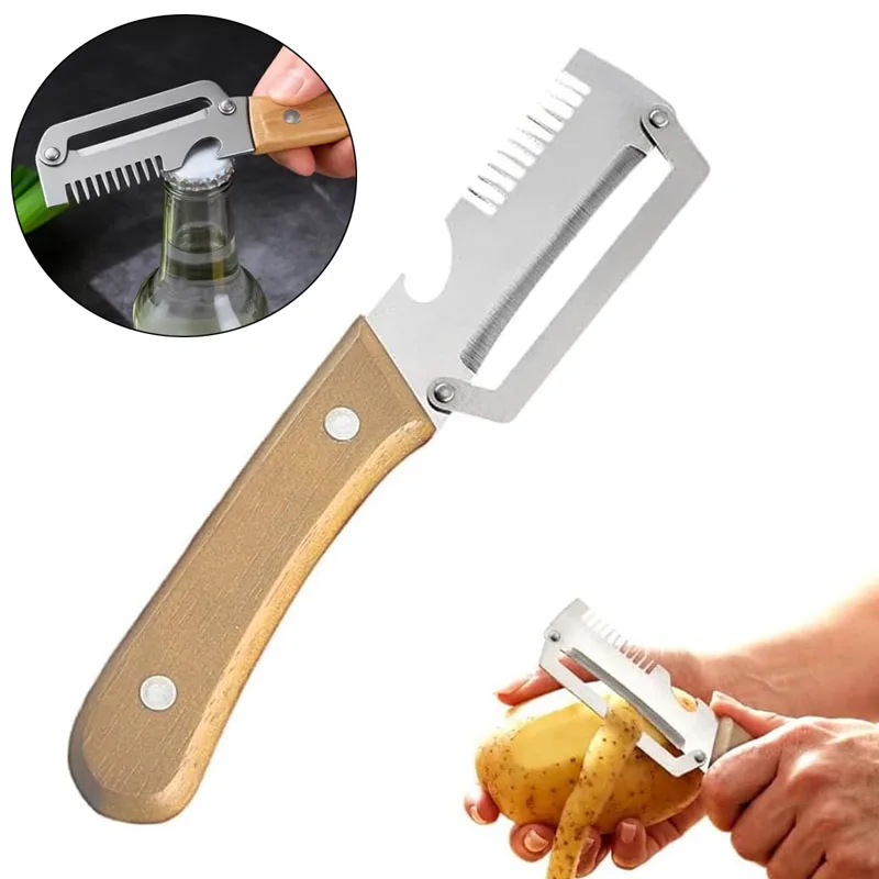 Multifunktionaler Gemüseschäler 3-in-1 Verbesserter Gemüseschäler mit Reibe und Flaschenöffner 1/2 Stück Holzgriff Küchenschäler