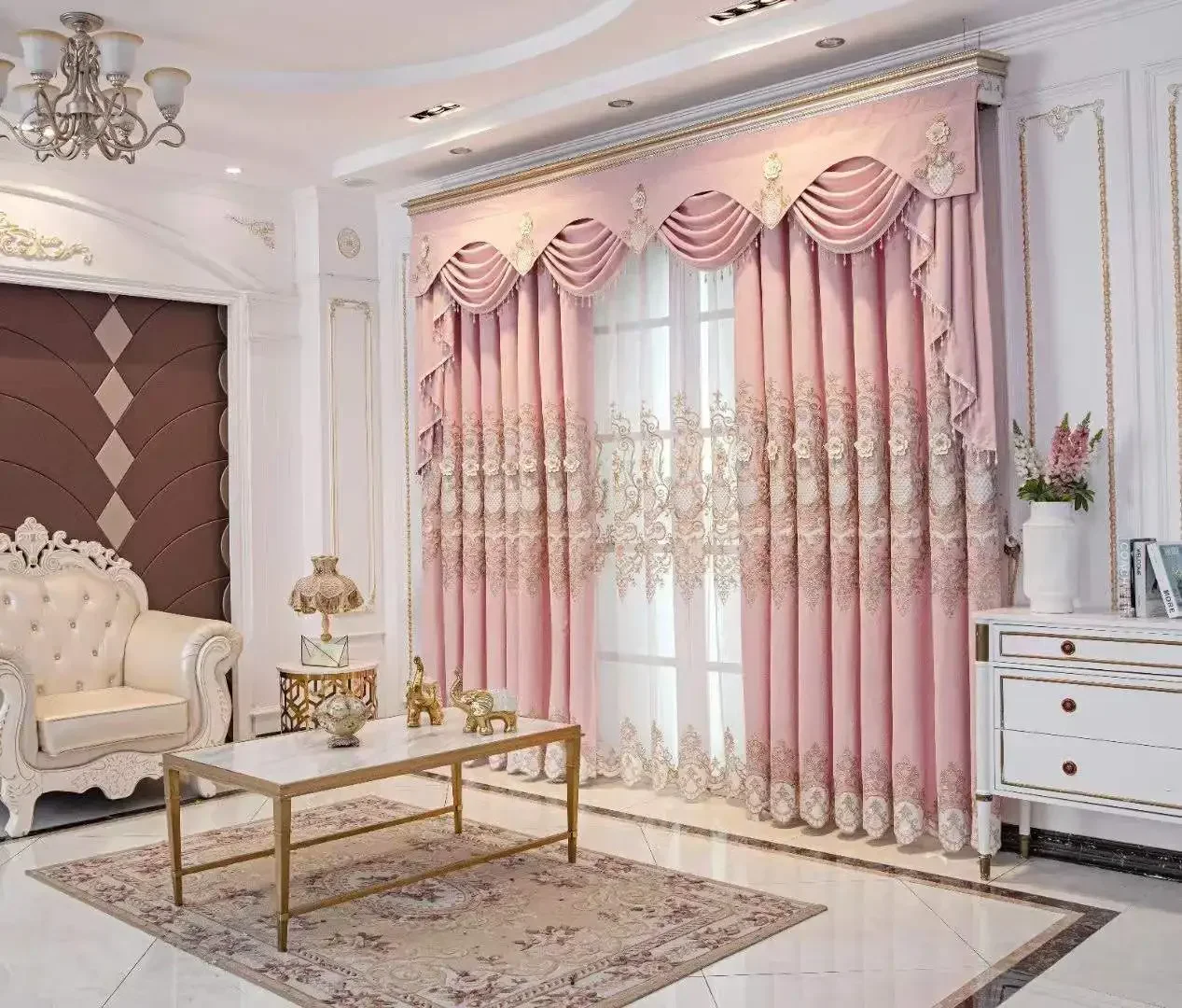 Curtains for Living Room Girl Pink Embossed Embroidery Luxury Chenille Flower Appliqué Dining Window Drapes Room Bedroom