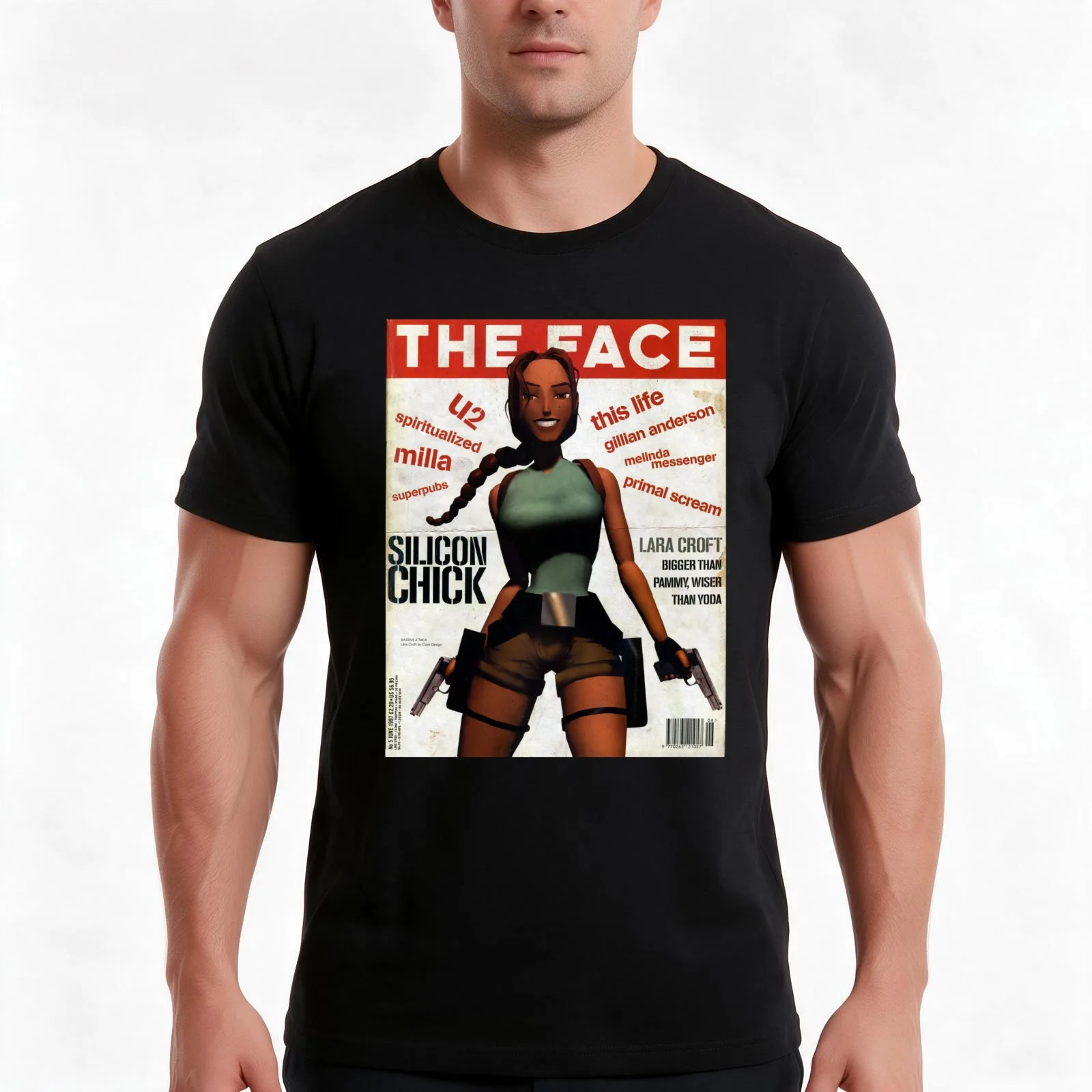 Lara Croft Retro Magazine Print T-Shirt, Summer Casual Cotton Tee, Oversized Streetwear Tops, Vintage Graphic Print, 100% Cotton