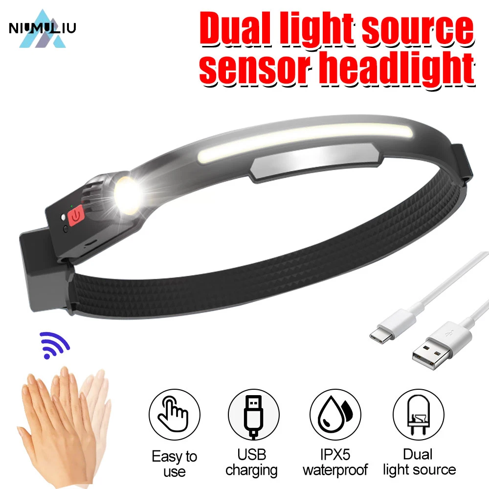 

F2 Led Dual Light Source Waterproof Headlight Camping Induction Usb Headlamp Body Motion Sensor Built In Battery Fishing Lamp