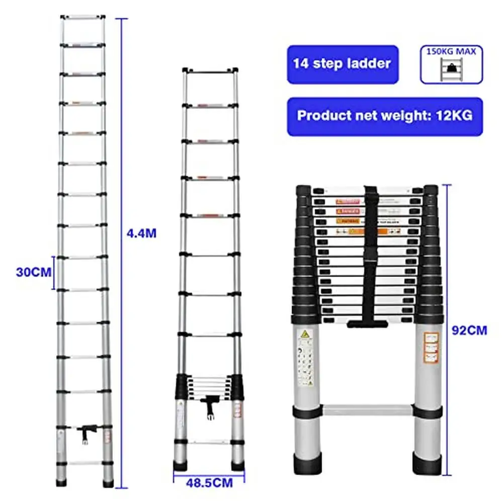 Compact 14.4FT Telescoping Ladder Lightweight Aluminum Extension Ladder Non-Slip Stability Multi-Purpose