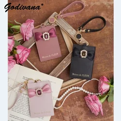 Japanese Style Cute Bow Rhinestone Card Bag Work Permit Bus Bank Card Door Card Holders Student Female Cute Leather Card Holder