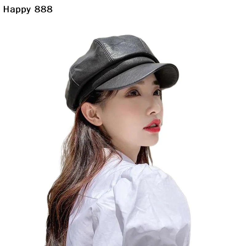 Unisex-Baskenmütze aus PU-Leder – Retro-koreanische achteckige Newsboy-Mütze für Fotografie, Dates und den urbanen Alltag