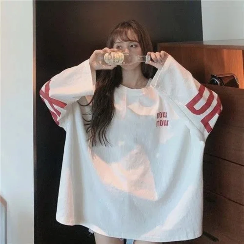 Hong Kong Style Long Sleeved T-shirt for Women Korean Version Loose Fit Large Size Thin Design Letter Printed Round Neck Base