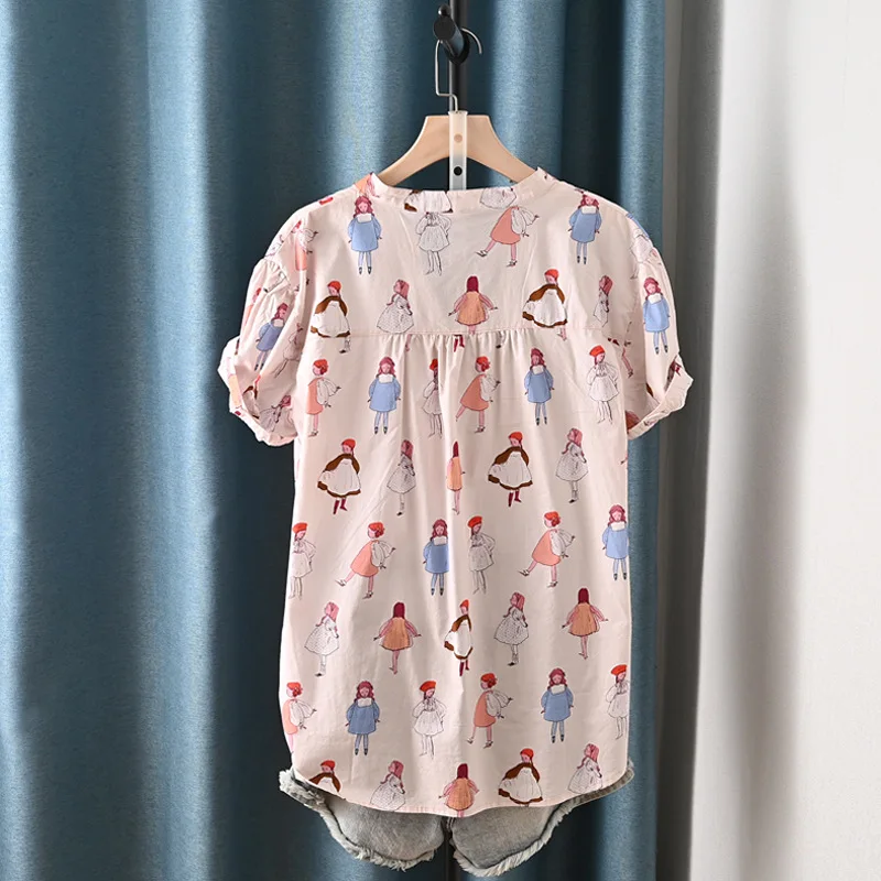 ใหม่2025ฤดูร้อนผ้าฝ้ายแขนสั้นเสื้อผู้หญิงVคอการ์ตูนพิมพ์, Moriสาวสบายๆลดอายุเสื้อหลวมT54041CC
