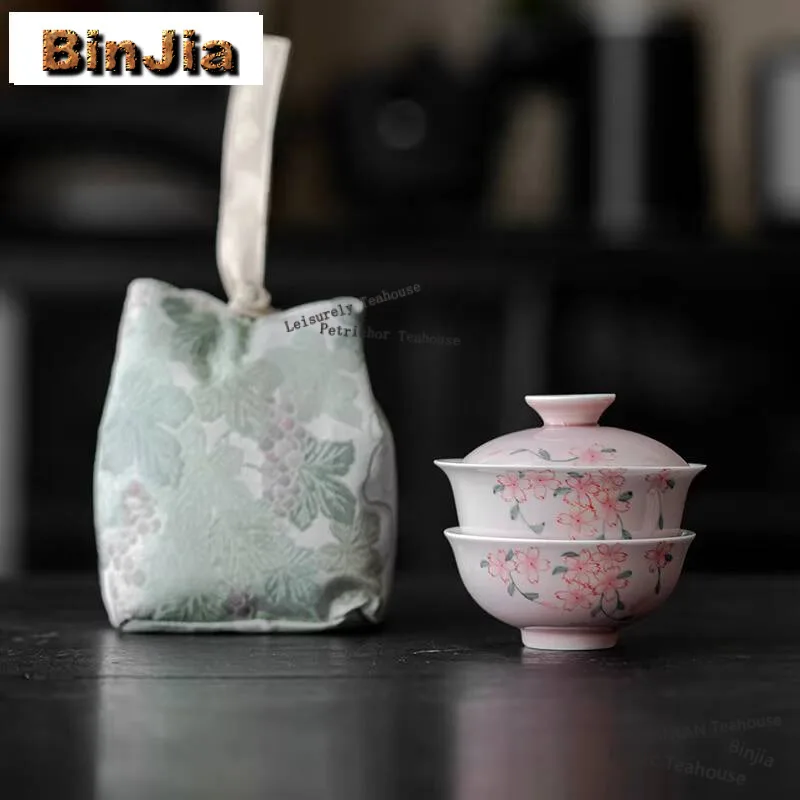 

Hand-painted Cherry Blossom Tea Set Kit Luxury 1 Pot 1 Cup Tea Making Camping Outdoor Portable Cloth Bag Tableware Decoration