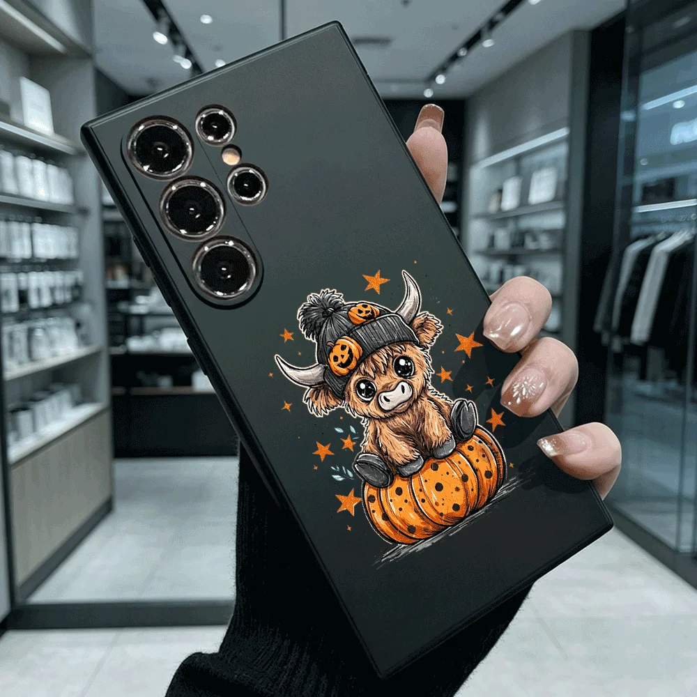 Halloween Highland Cow Shockproof Soft TPU Back Case For Samsung S22 S23 S24 S25 S26 Ultra A16 A35 A55 Anti Drop Cover