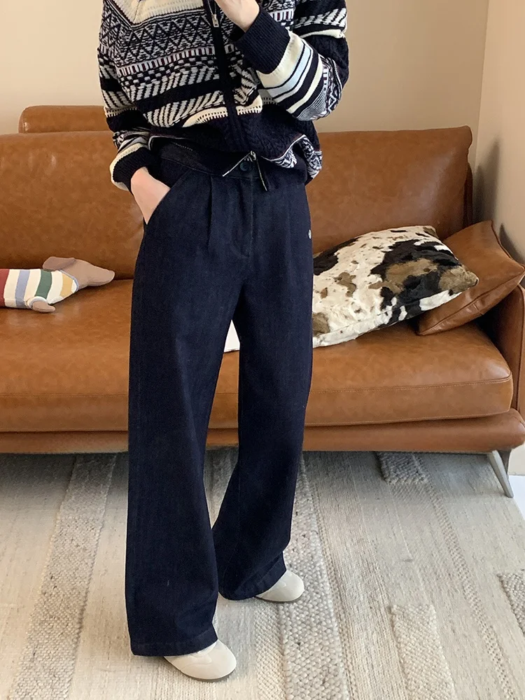 

High Waist Cotton Feel Loose Fit Commuter Casual Pants Women Winter Straight Leg Pants Button Closure Wide Leg Pants